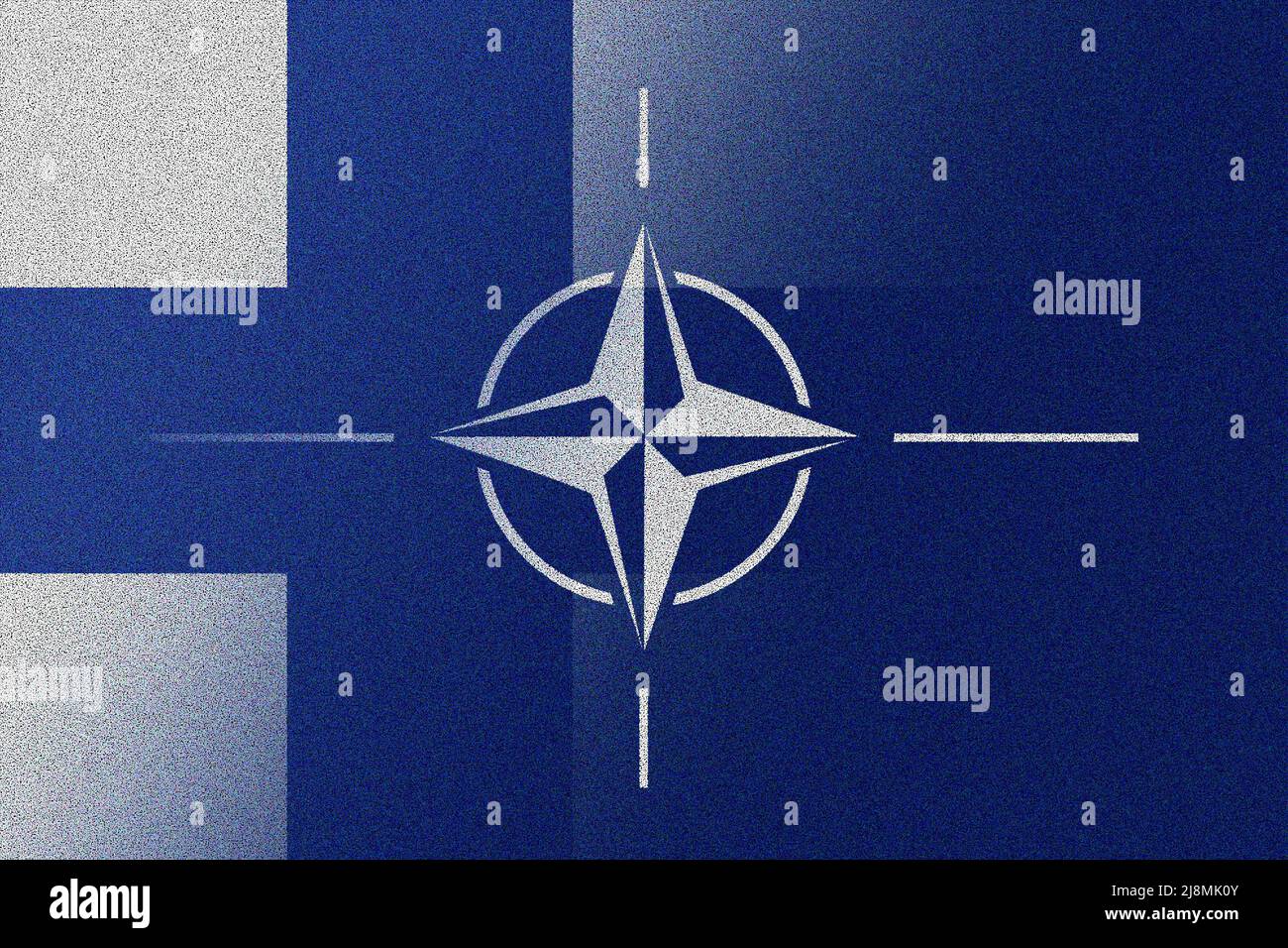 NATO-OTAN. Finland. NATO flag. Finland flag. Flag with the NATO logo. Concept of annexation of Finland with NATO-OTAN. Foreground. Horizontal layout. Stock Photo