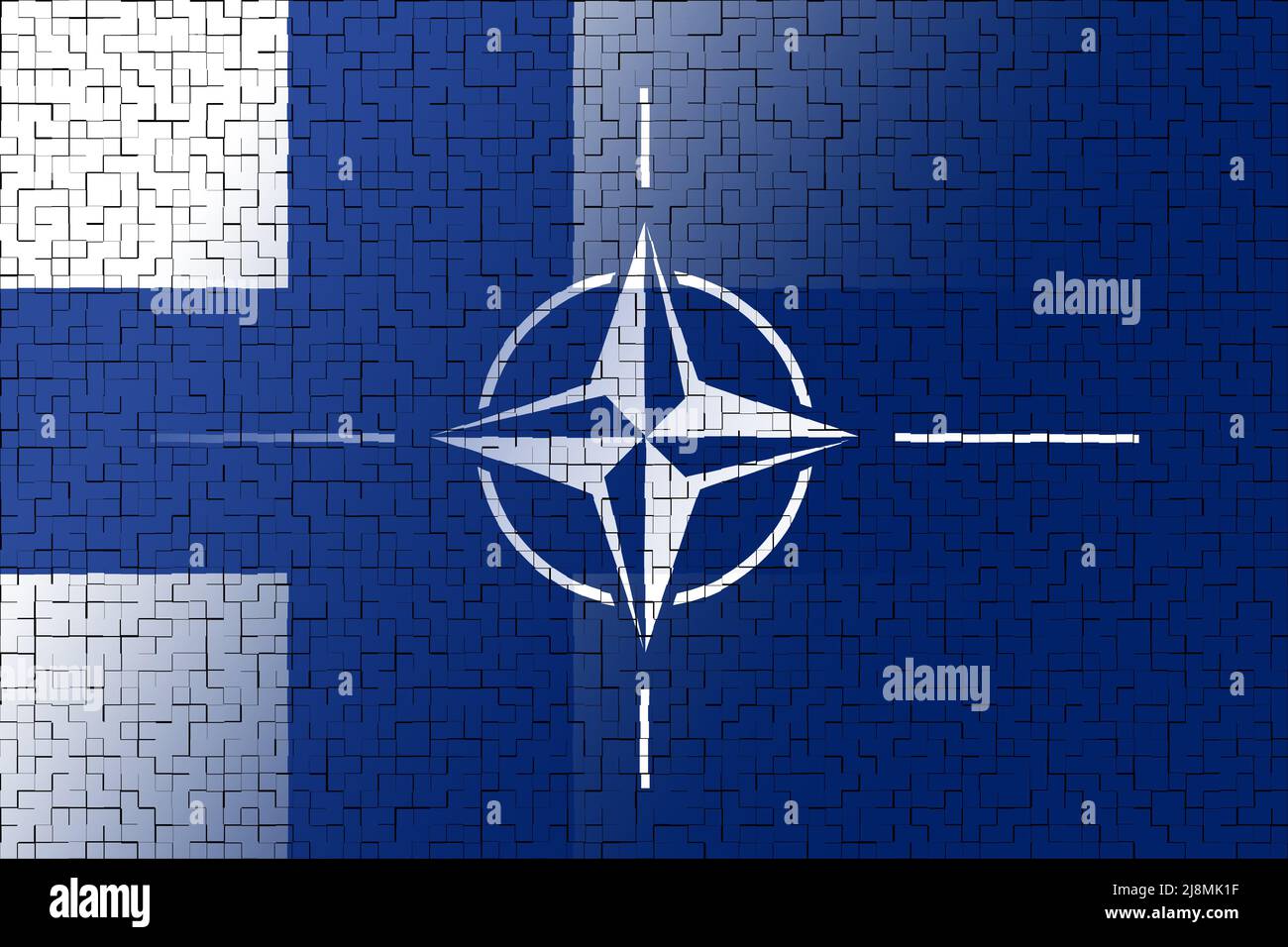NATO-OTAN. Finland. NATO flag. Finland flag. Flag with the NATO logo. Concept of annexation of Finland with NATO-OTAN. Foreground. Horizontal layout. Stock Photo
