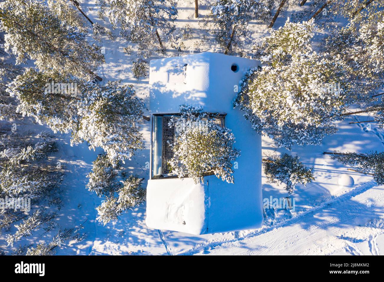 Roof of cottage in the forest covered with snow from above, aerial view, Tree hotel, Harads, Lapland, Sweden Stock Photo