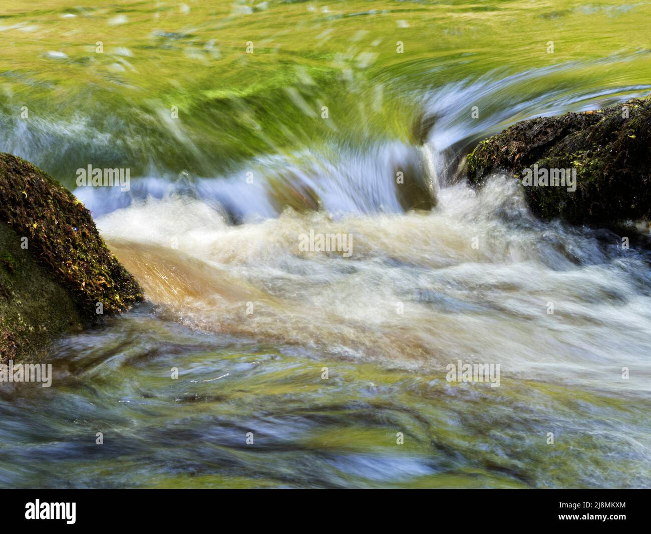 Colourful spring foliage reflections in the River Wharfe just above The Strid in Strid Wood Bolton Abbey  Yorkshire England Stock Photo