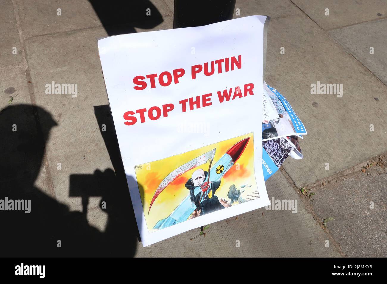London, UK. 17th May, 2022. Protests outside Russian Embassy in London continue despite Embassy staff pulling down posters each morning at 6am and littering the streets with them. Credit: Brian Minkoff/Alamy Live News Stock Photo