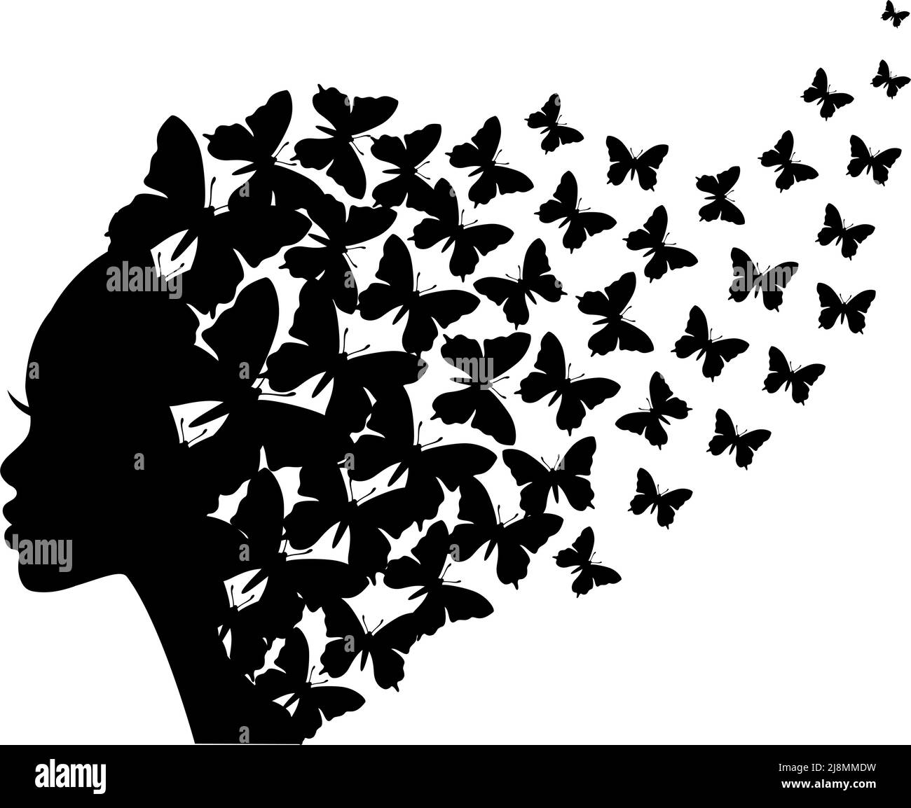 Beautiful black woman silhouette with flying butterflies, vector illustration over white background Stock Vector