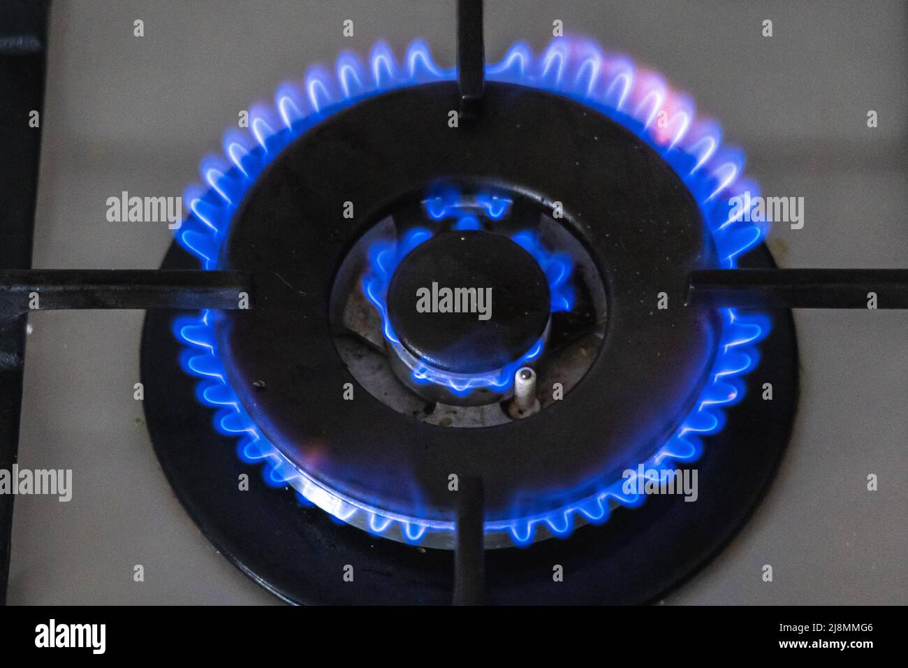 Gas cooker burner with blue flame Stock Photo Alamy
