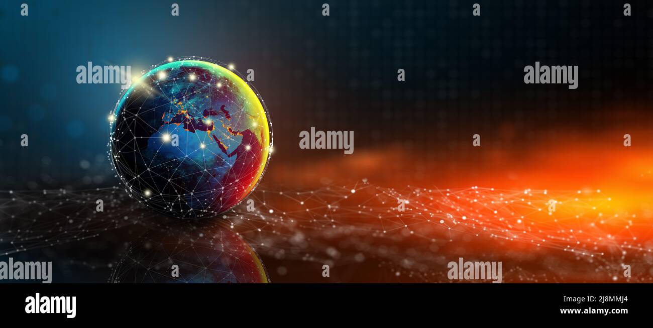 Future of Global Social Network Technology with blue abstract technology background. Digital, Technological, and Media Convergence. Elements furnished Stock Photo