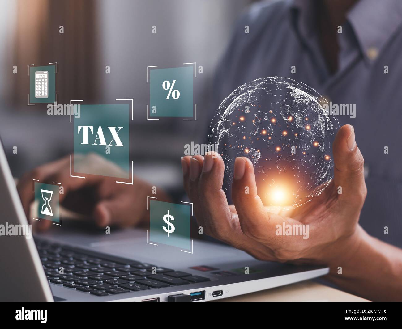 Calculation tax return concept.Business person using a laptop to