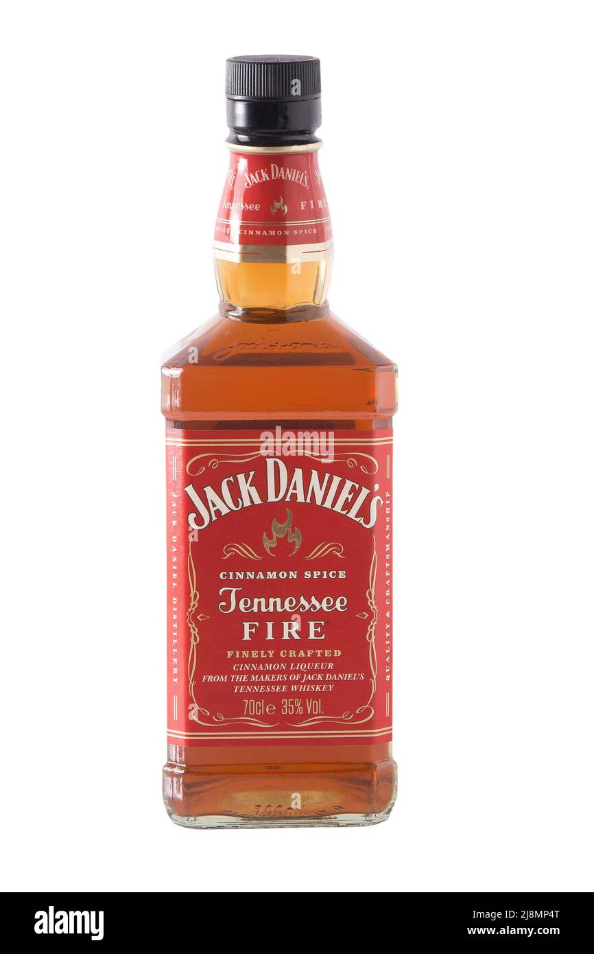Whiskey bottle Jack Daniels Red label isolated on white background. Jennessee fire. Cinnamon liqueur from makers of Jack Daniel s tennessee whiskey. Spice alcohol drink. Ukraine, Kyiv - May 17, 2022. Stock Photo