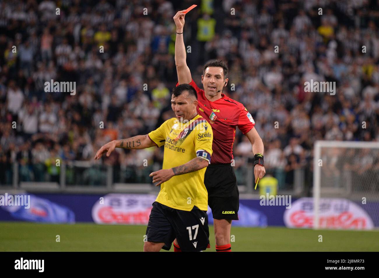 Gary Medel of Bologna FC reacts after being shown a red card by the