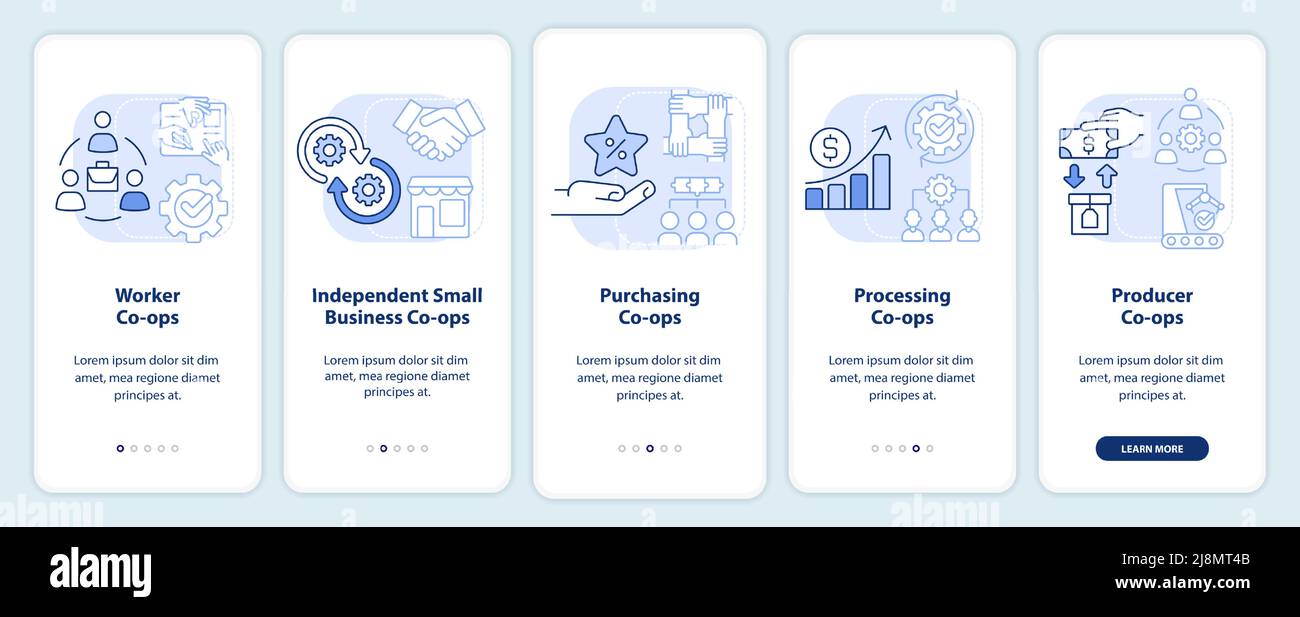 Types of co-ops light blue onboarding mobile app screen Stock Vector ...