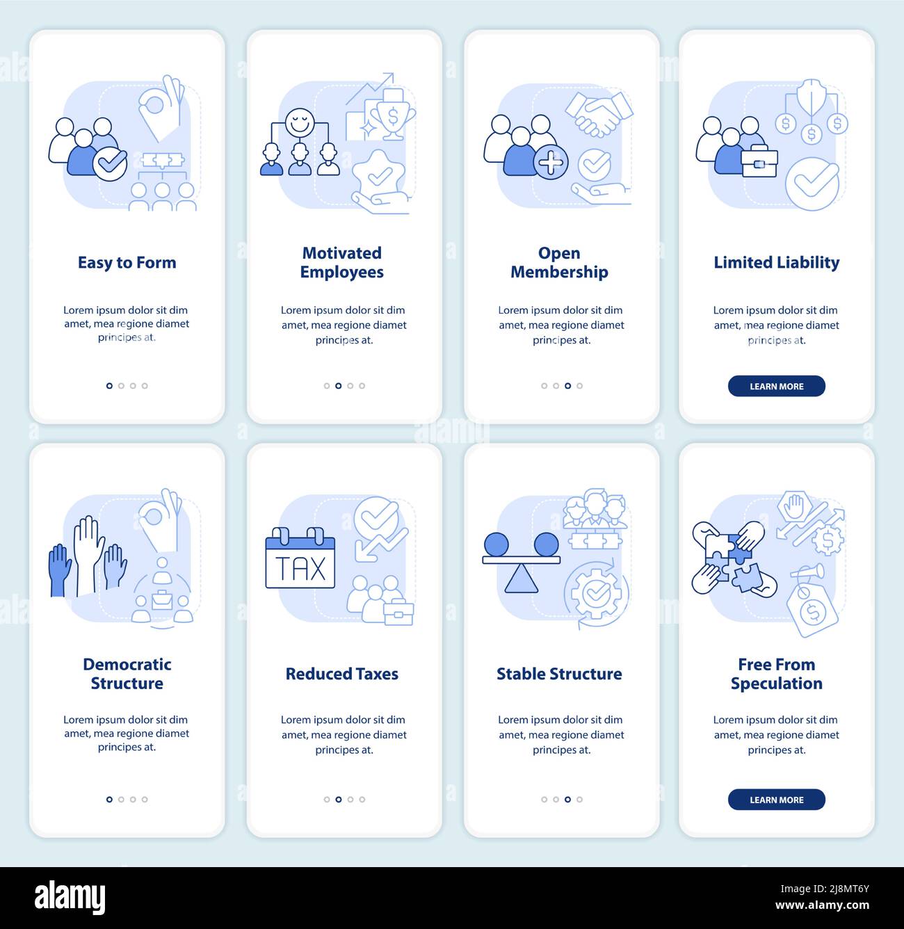 Business co-ops advantages light blue onboarding mobile app screen set ...