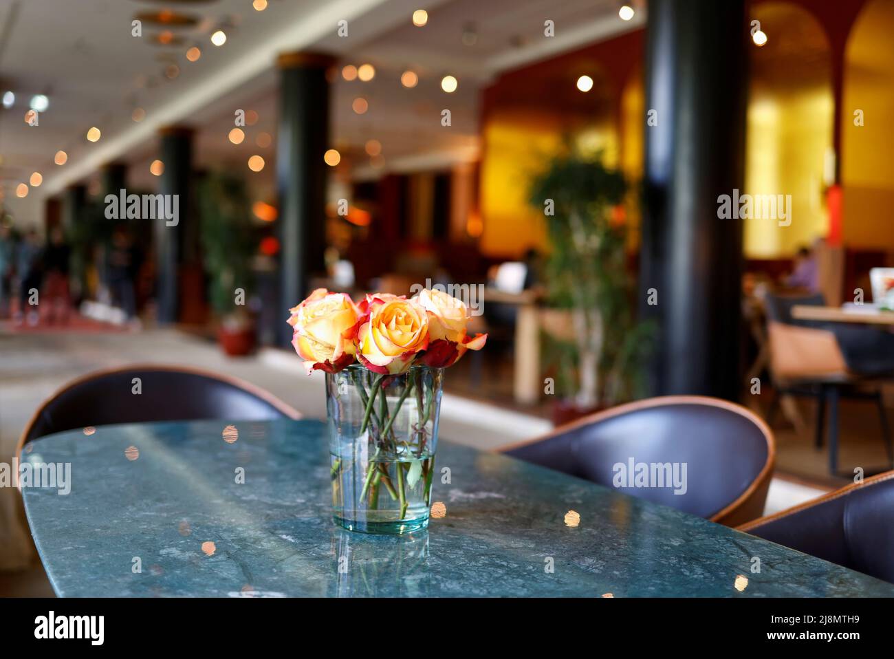 A general view shows the breakfast room in the hotel Castle Elmau, where the G7 Summit will be held in June 2022, in Kruen, near the southern Bavarian resort of Garmisch-Partenkirchen, Germany, May 17, 2022. REUTERS/Michaela Rehle Stock Photo