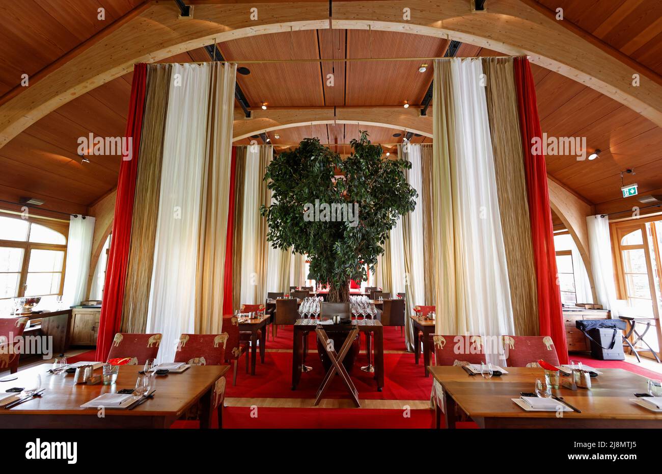 A general view shows the restaurant Fidelio in the hotel Castle Elmau, where the G7 Summit will be held in June 2022, in Kruen, near the southern Bavarian resort of Garmisch-Partenkirchen, Germany, May 17, 2022. REUTERS/Michaela Rehle Stock Photo