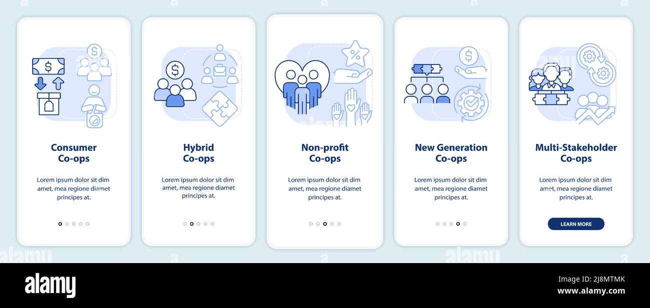 Types of business co-ops light blue onboarding mobile app screen Stock ...
