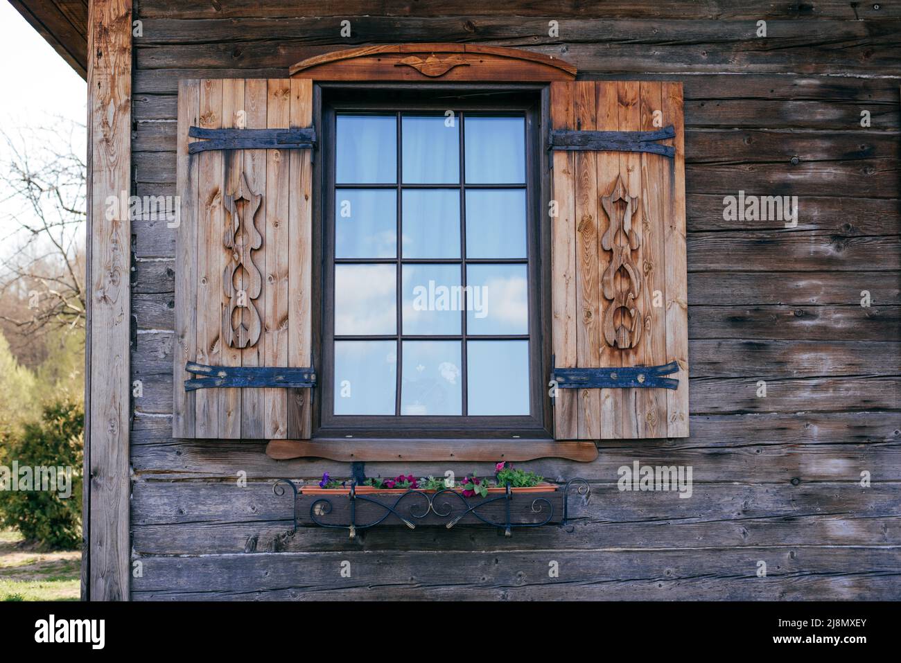 Wooden vintage window with shutters Stock Photo Alamy
