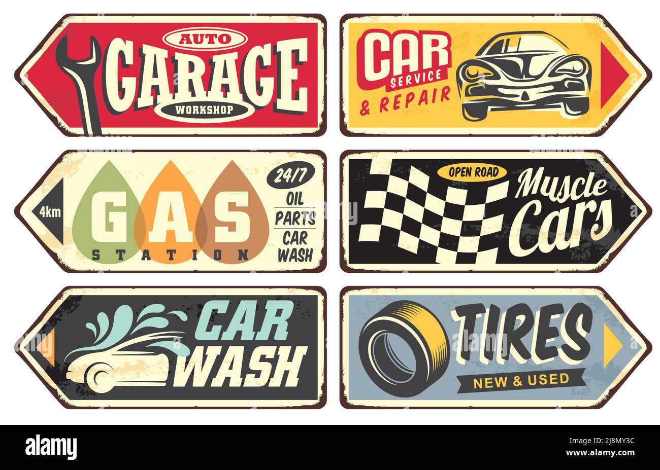 Retro collection of cars and transportation sign boards. Garage, gas station, muscle cars, tires, services and car wash posters and labels. Vector ill Stock Vector