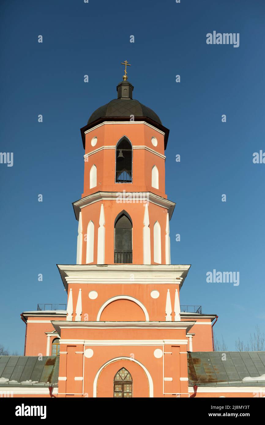 Bell tower of temple. Orthodox church. Religious building. Ancient