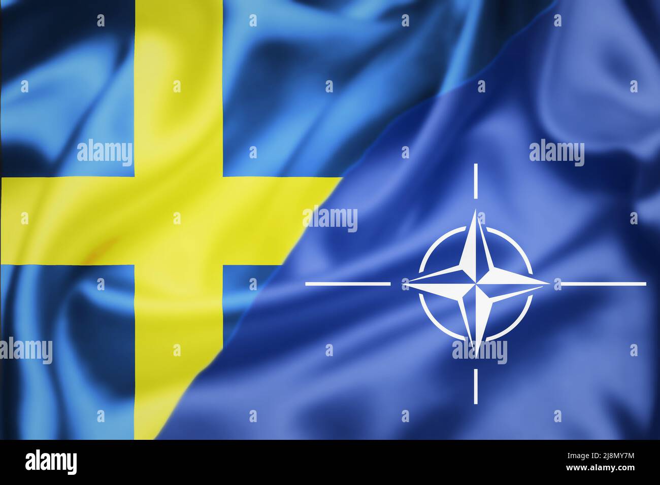 Stockholm, Sweden- May 3 2022: Silk flags of Sweden and NATO illustration, concept of Sweden plans to enter NATO Stock Photo