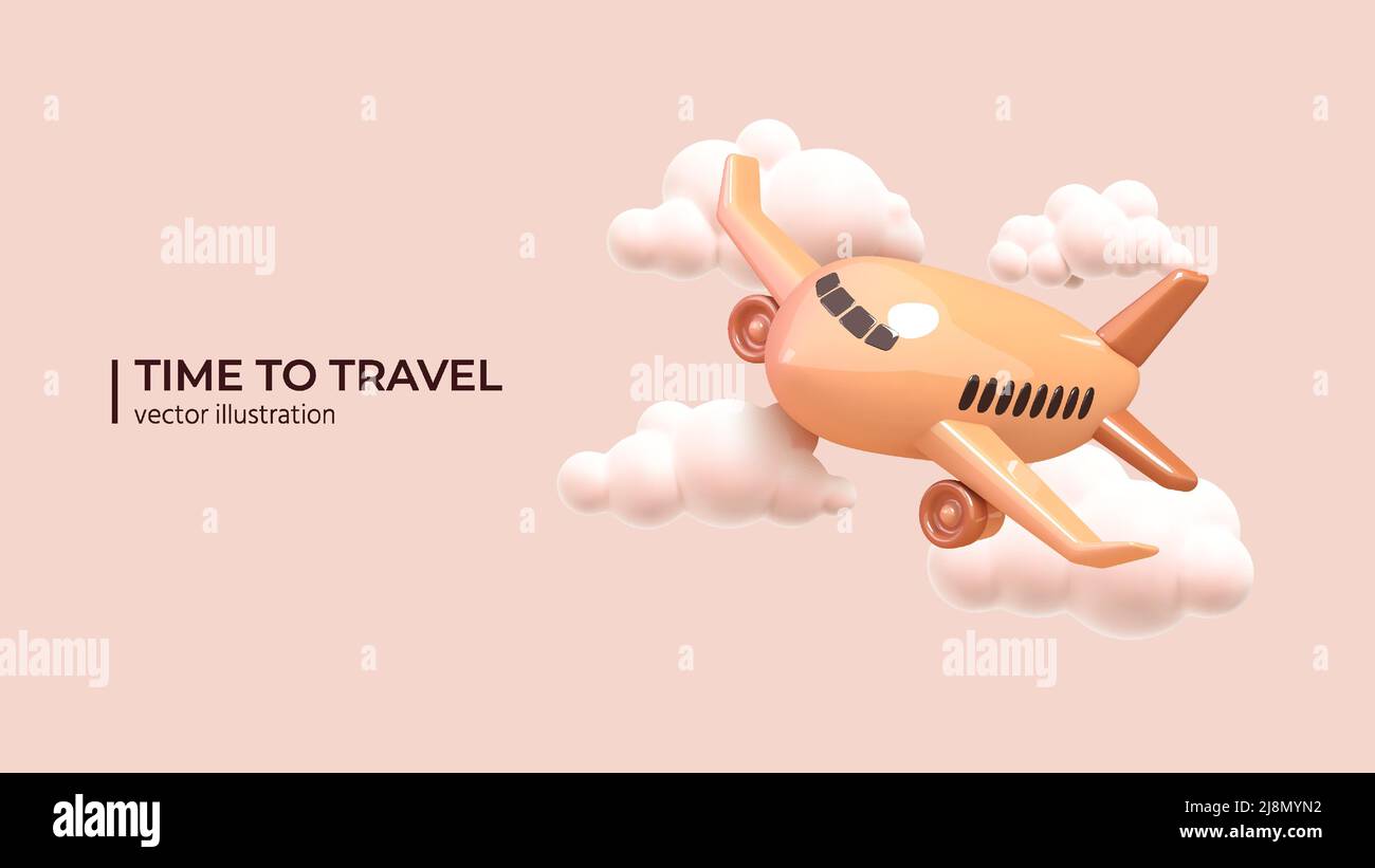 Airplane flying in clouds for travel or summer journey. Realistic 3d design of Travel concept in cartoon minimal style. Vector illustration Stock Vector