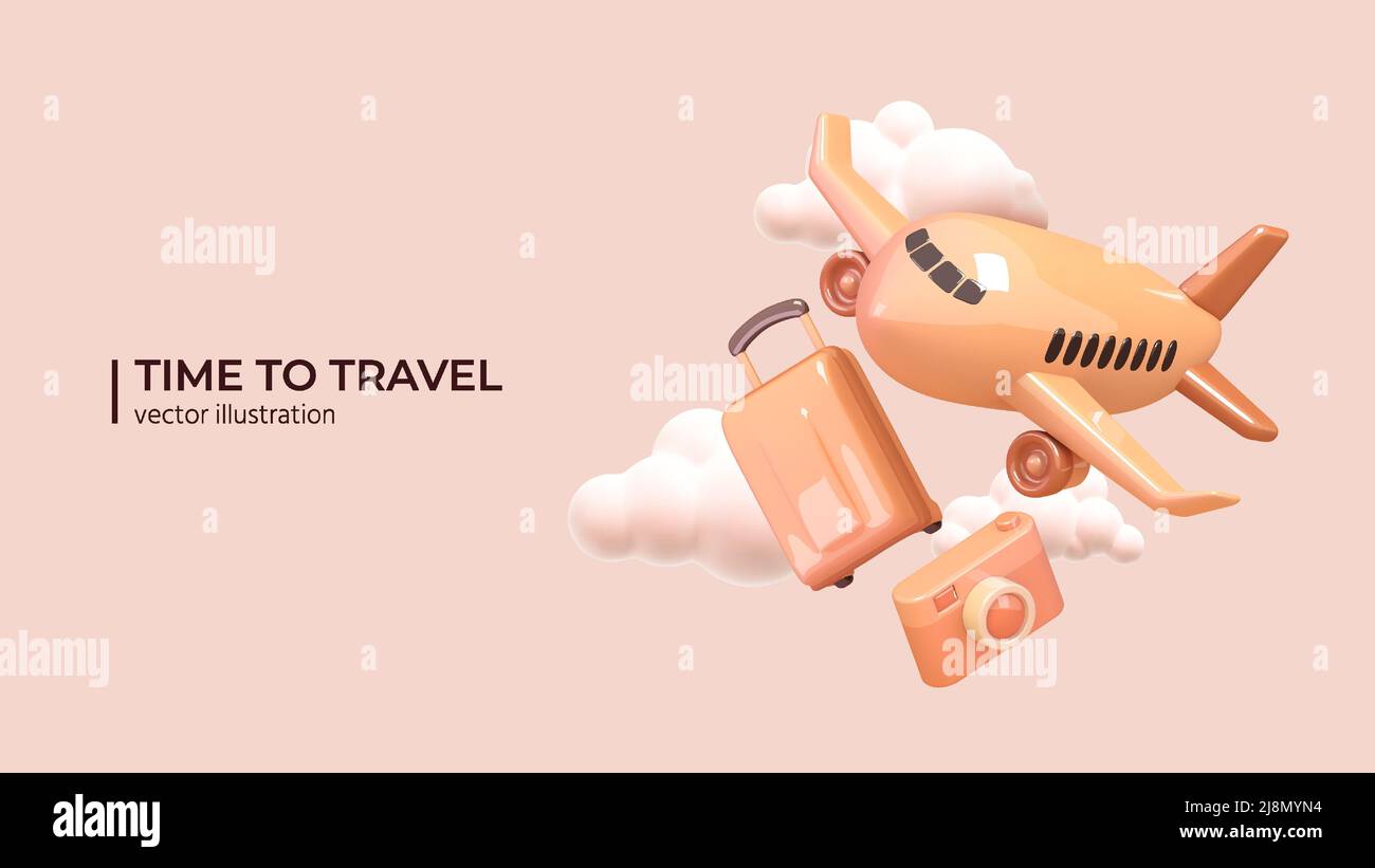 Realistic 3d design airplane, luggage and photo camera in a cloudy sky. Travel by plane creative concept in cartoon minimal style. Vector illustration Stock Vector