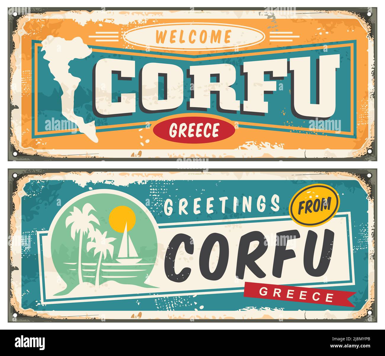 Corfu Greece retro greeting card template. Vintage sign souvenir idea for summer vacation destinations in Greece. Travel to Corfu vector illustration. Stock Vector