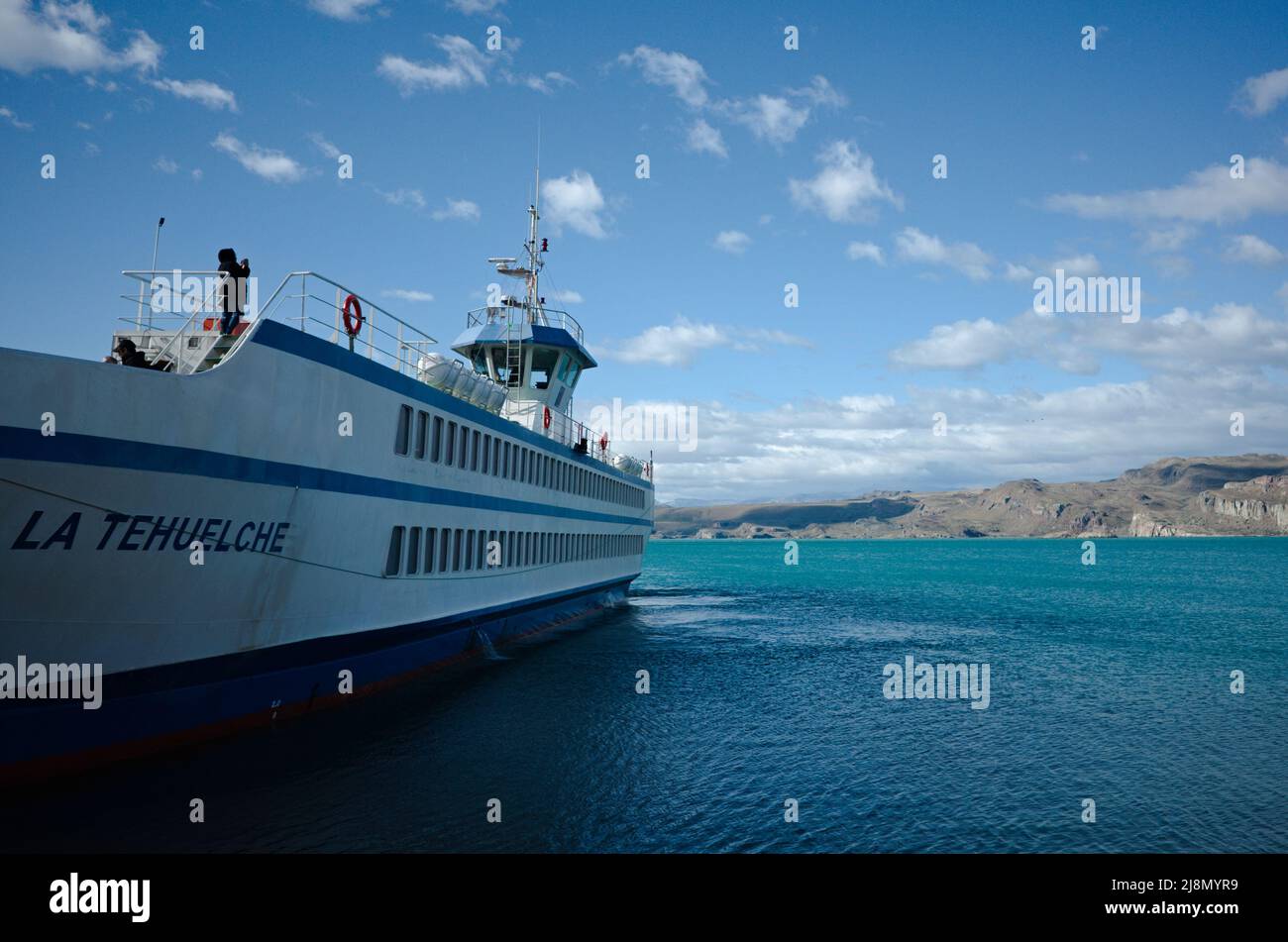 Puerto Ibanez, Chile - March, 2020: Ferry called La Tehuelche on Lago General Carrera Lake at pier of Puerto Ibanez, Aisen, Chilean Patagonia Stock Photo