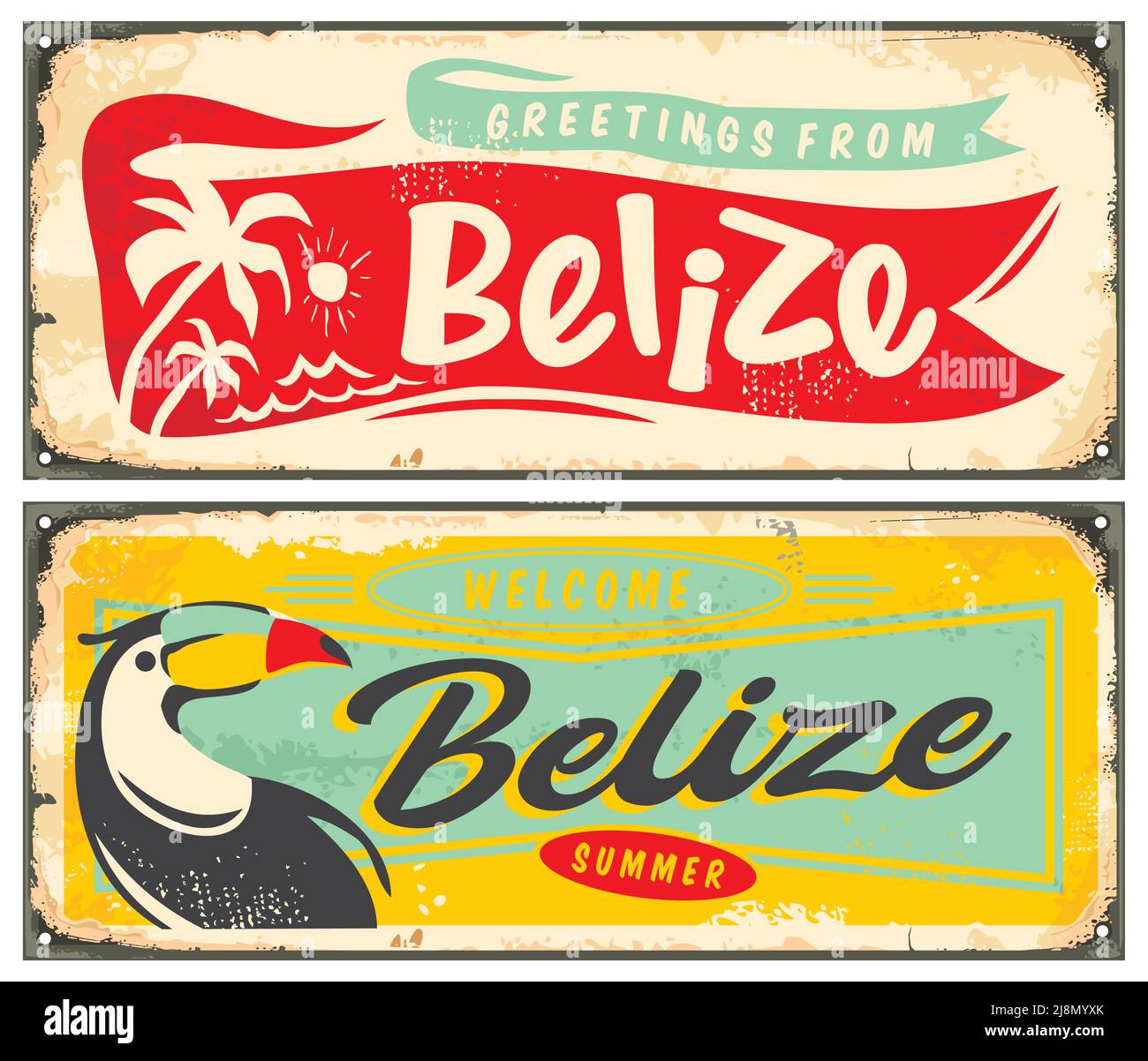 Belize summer holiday destination retro design template. Greetings from Belize creative greeting card souvenir. Vector image. Stock Vector