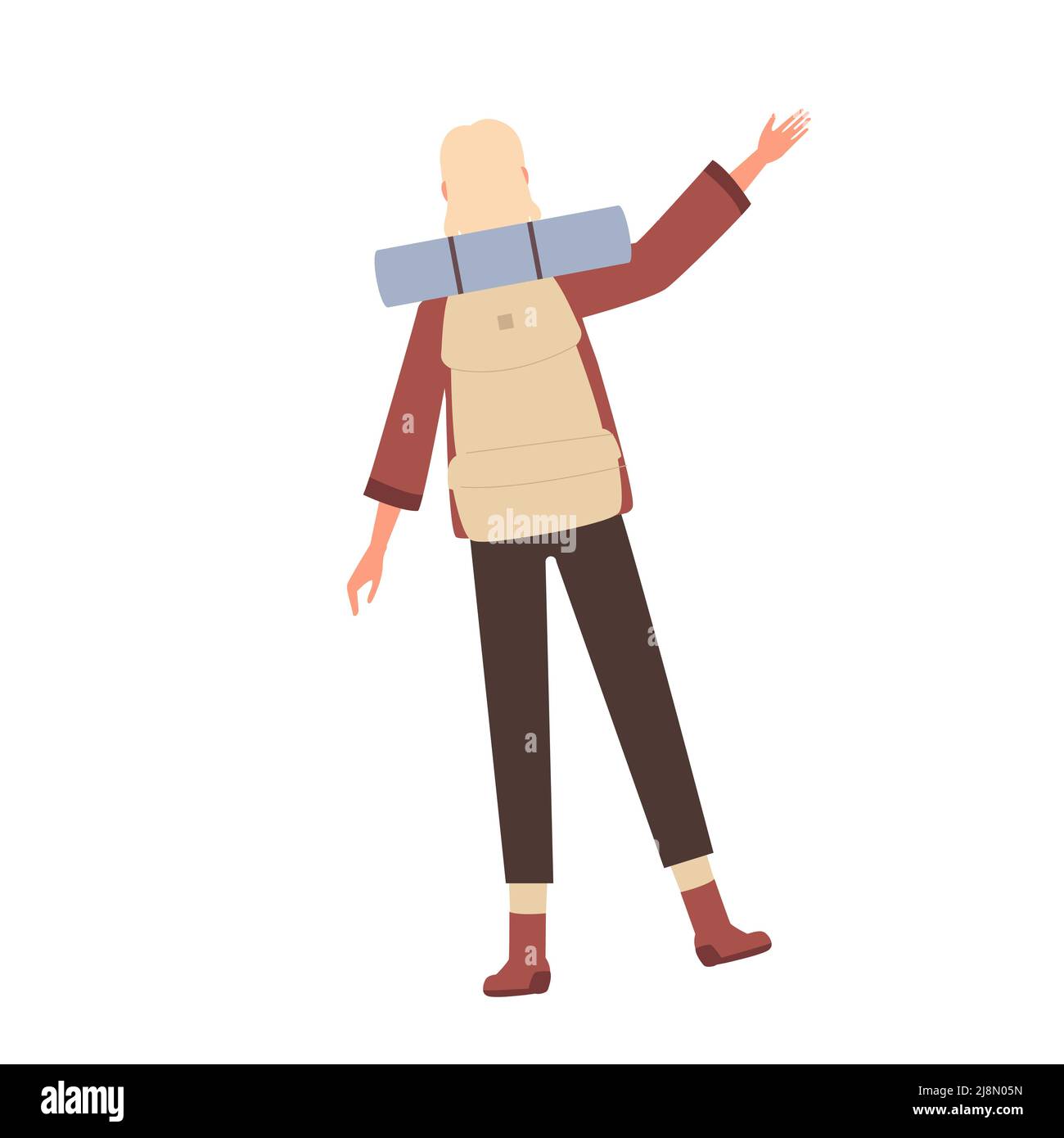 Female tourist showing direction. Camping travelling backpack equipment vector illustration Stock Vector