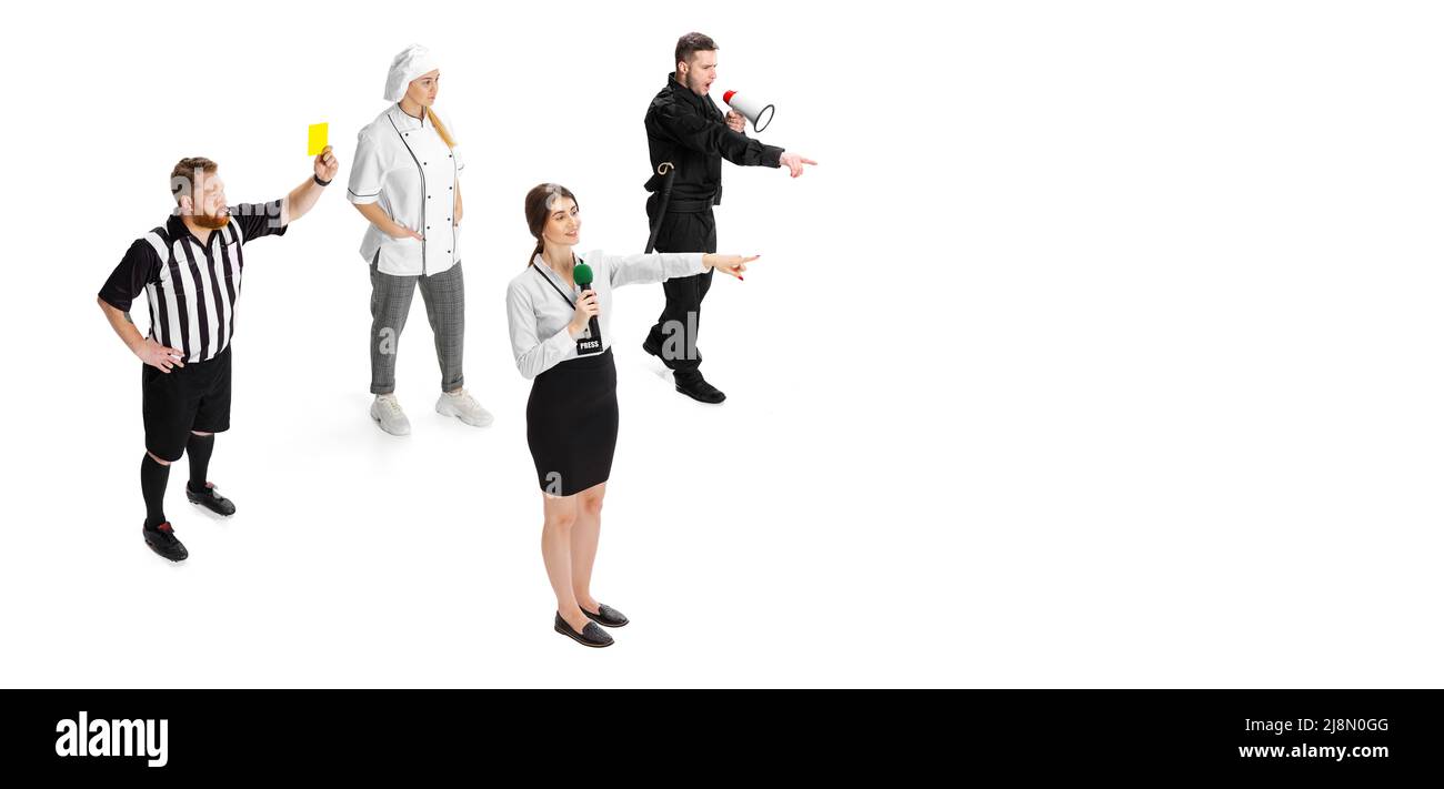 High angle view of group of men and women of different professions