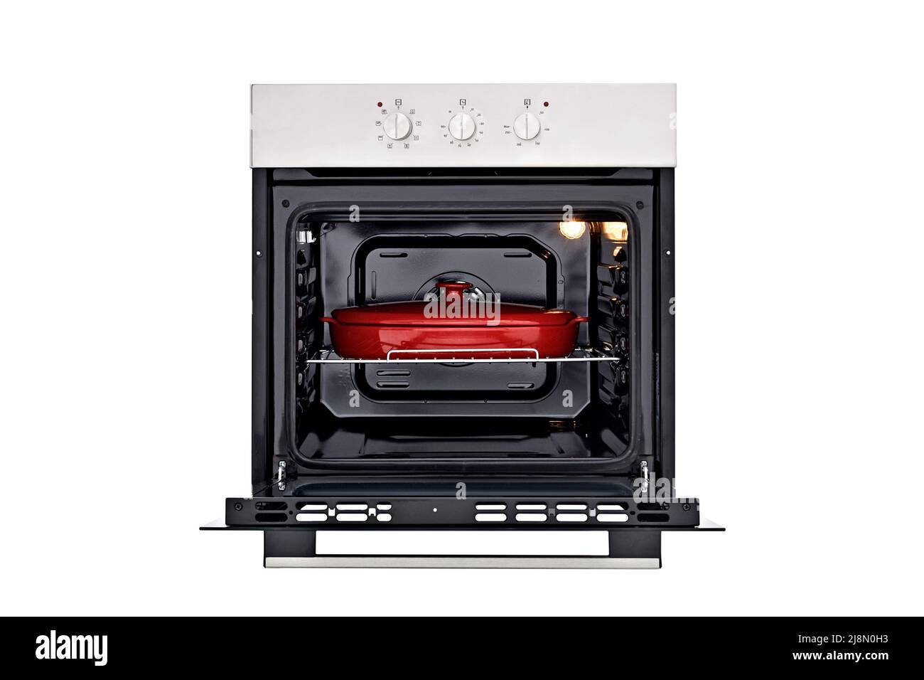 Black oven with silver control panel, three round control knobs. Open