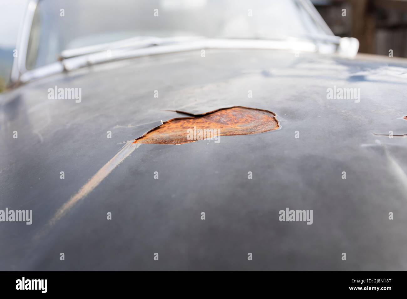 Car paint stripping decay. Peeling paint and rusted metal on an old