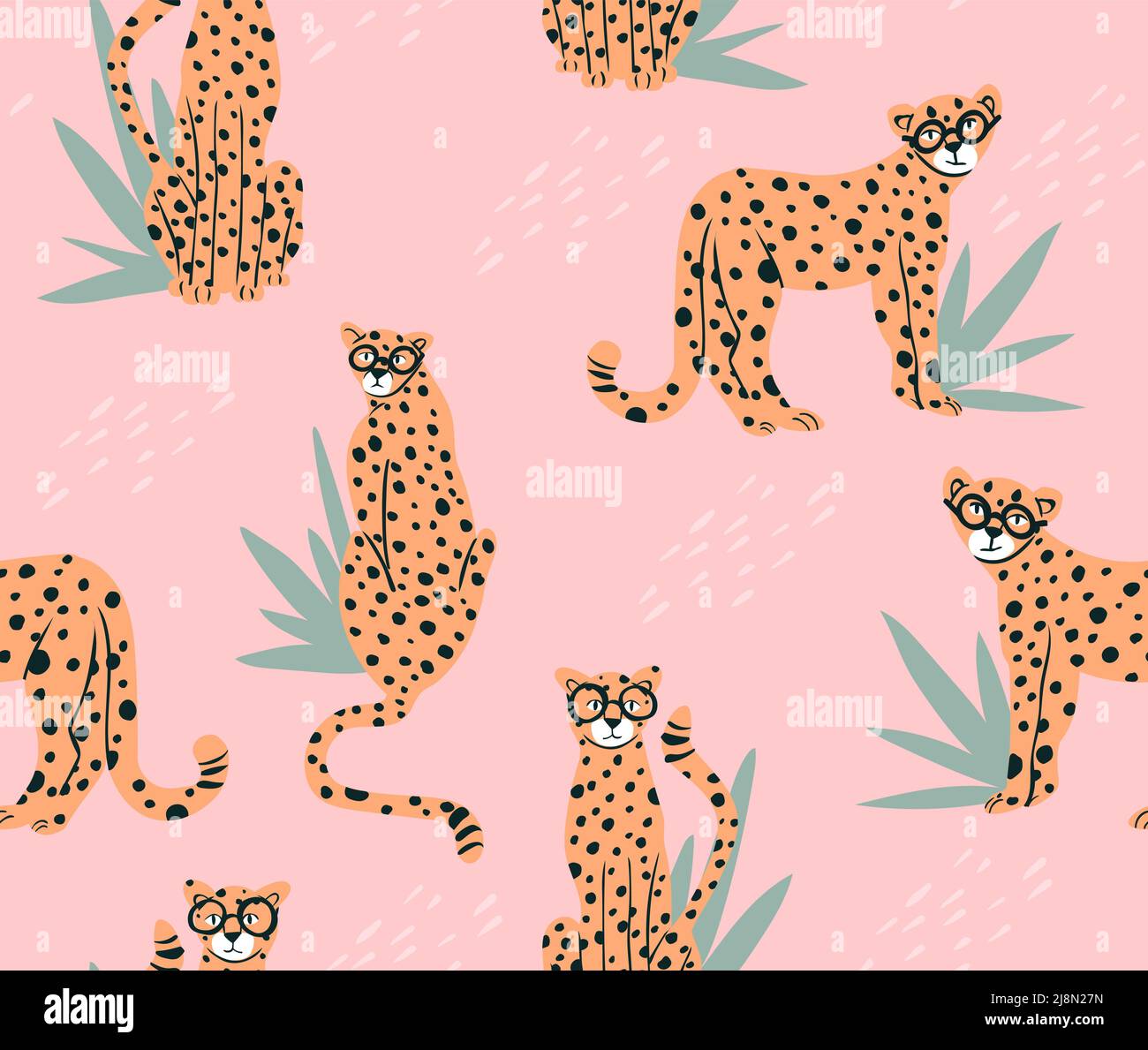 Cute hipster cheetah seamless pattern. Pink leopard tropical