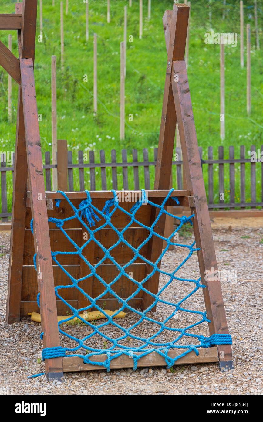 Blue Cargo Rope Net at Kids Climbing Playground Fun Stock Photo