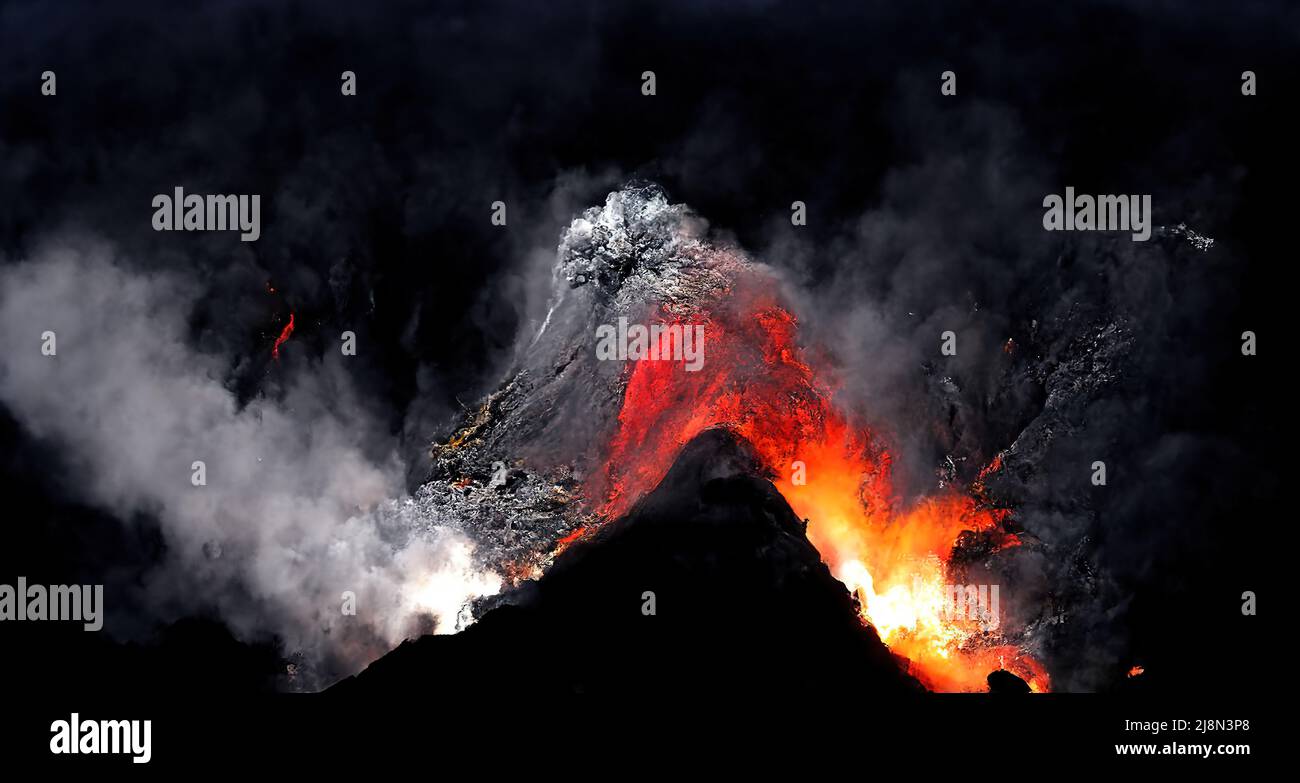 Apocalypse, volcanic eruption. Lava magma flows flow down volcano mouth