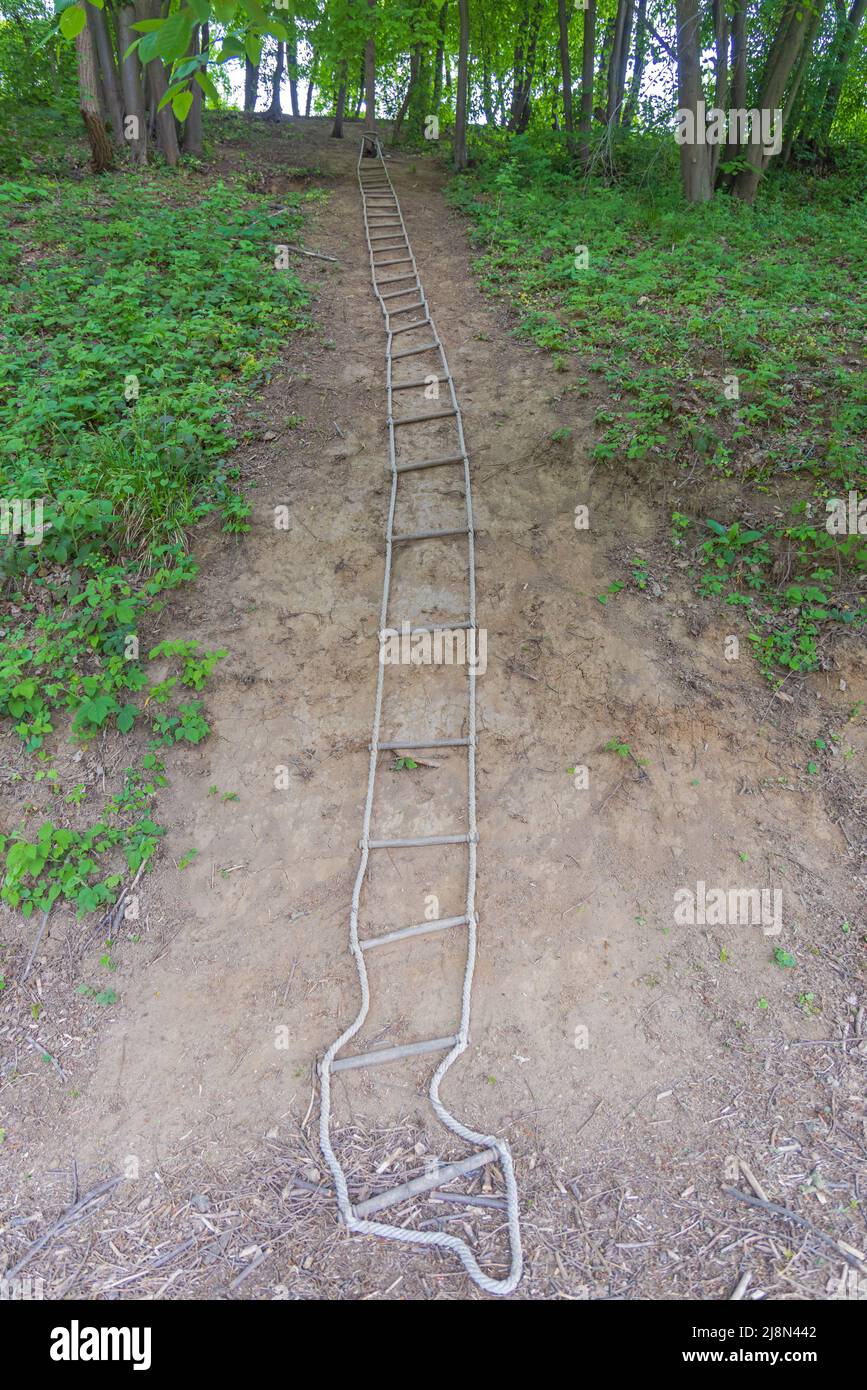 Long Rope Ladder at Hill in Woods Climbing Support Stock Photo - Alamy