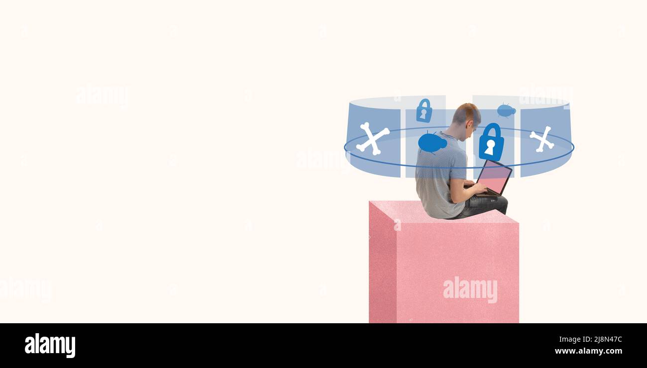 Contemporary art collage. Professional programmer working on developing new protective app for personal data security Stock Photo