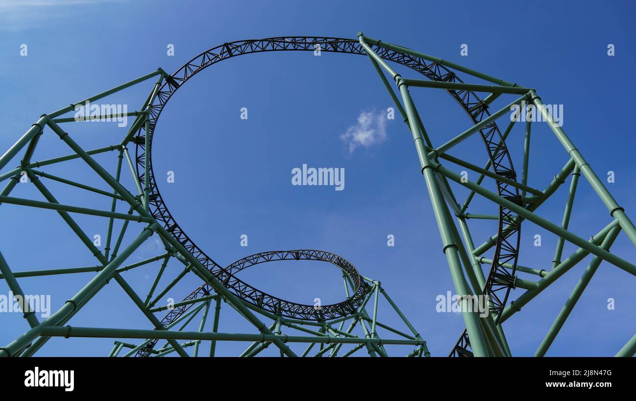 Sierksdorf, Germany - April.30.2022: Huge rollercoaster track and construction with looping at Hansapark Stock Photo