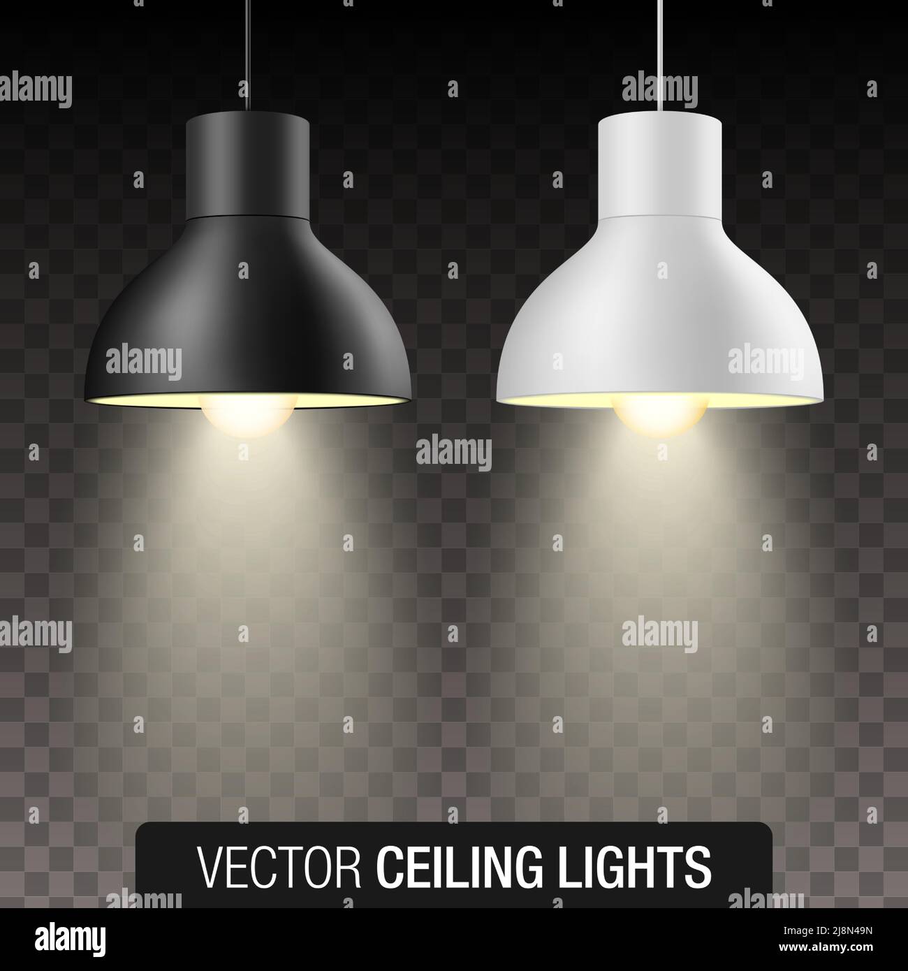 Vector set of black and white turned on pendant ceiling light shades, isolated on transparent background. Stock Vector