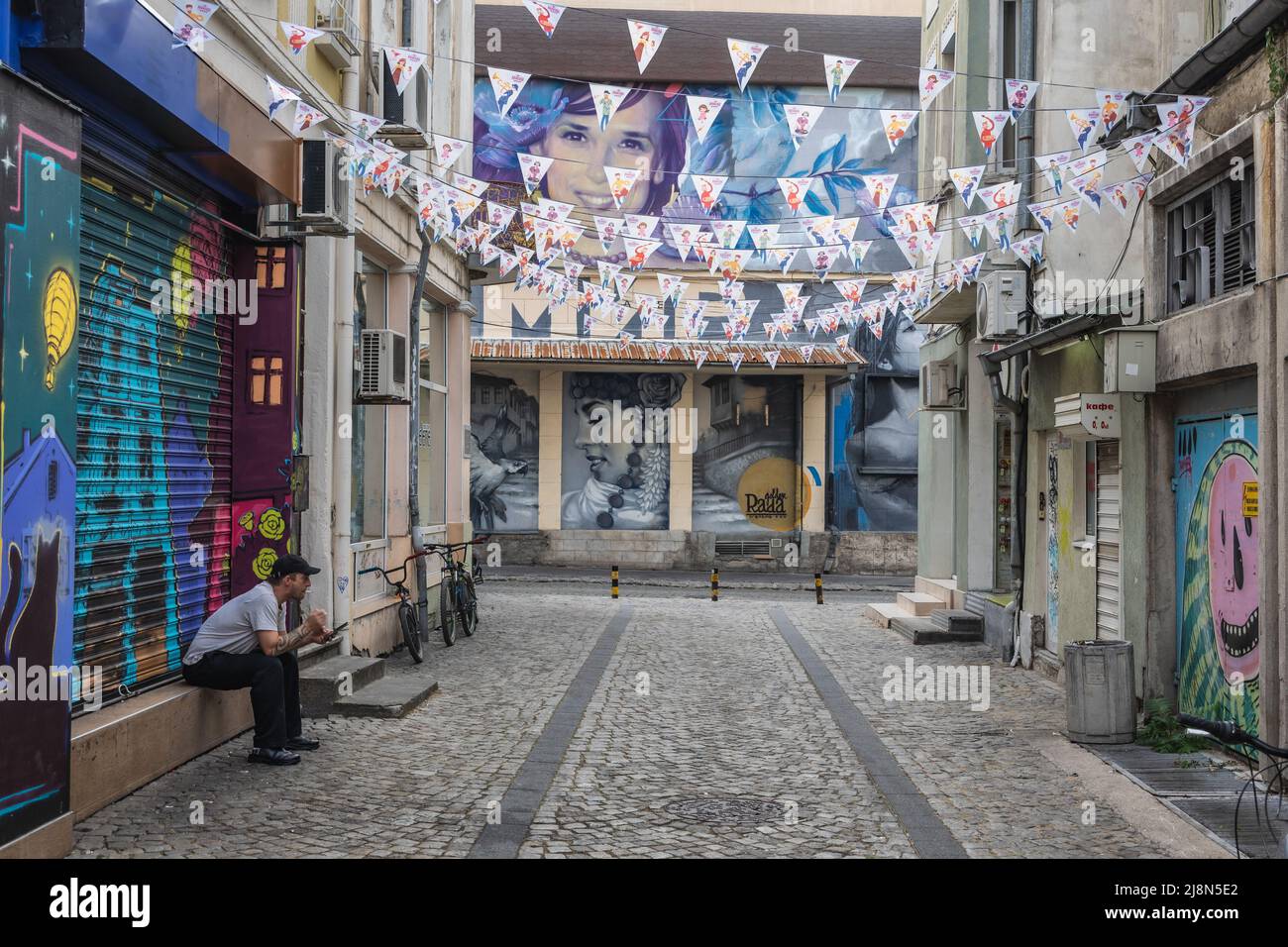 Street in Kapana - The Trap famous art quarter of Plovdiv city, capital ...