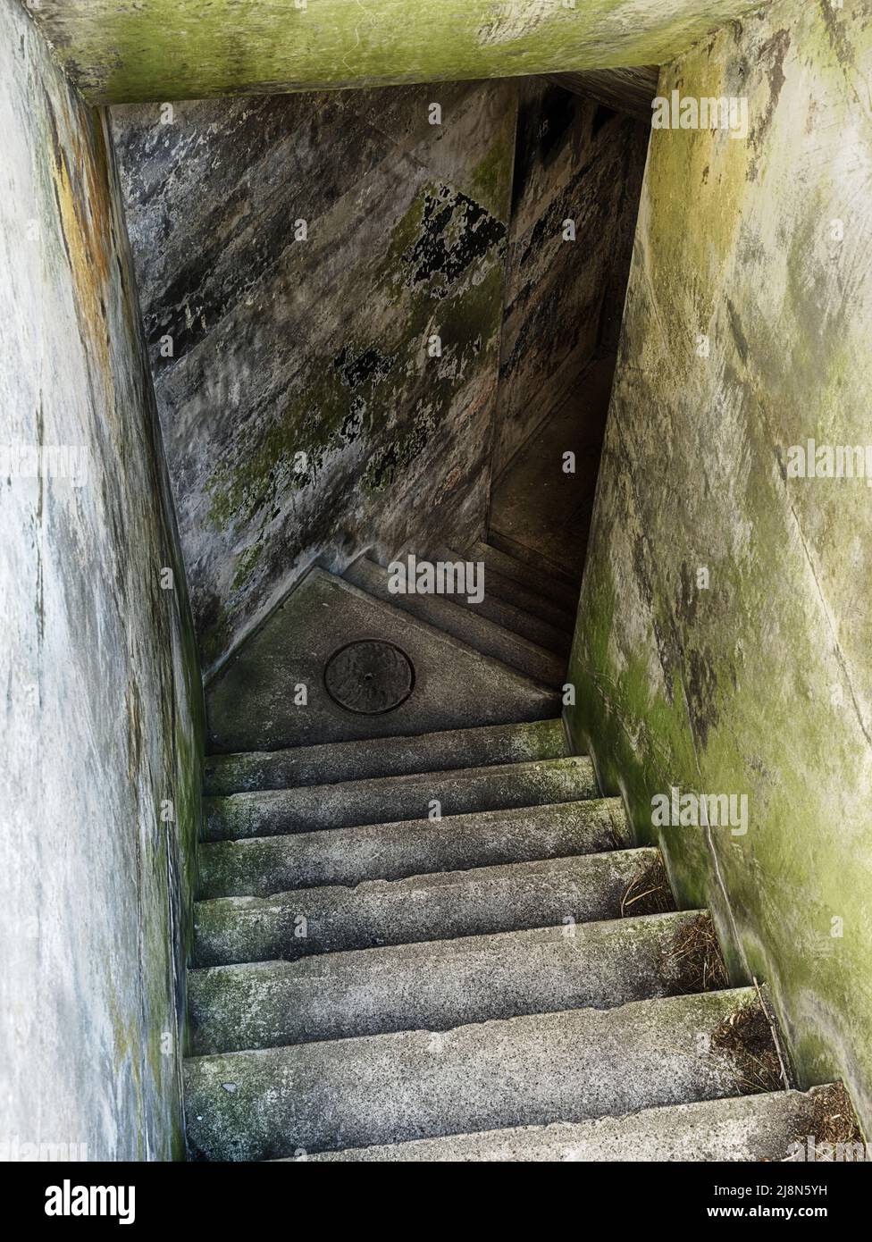 A concrete staircase at Fort Casey on Whidbey Island descends into the bunkers. Stock Photo