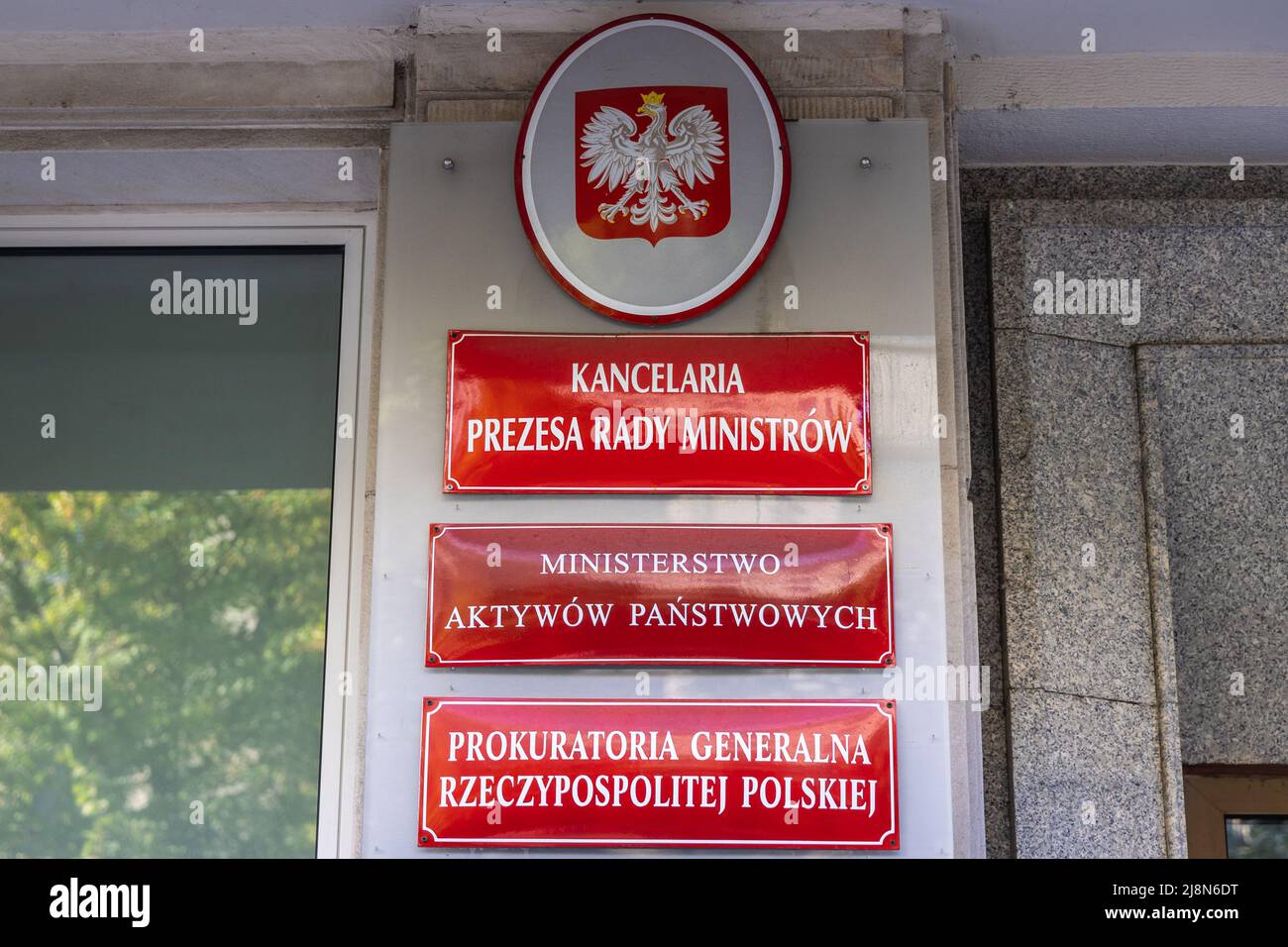 Signs of Chancellery of the Prime Minister, Ministry of State Assets and General Counsel to the Republic of Poland, Warsaw, Poland Stock Photo
