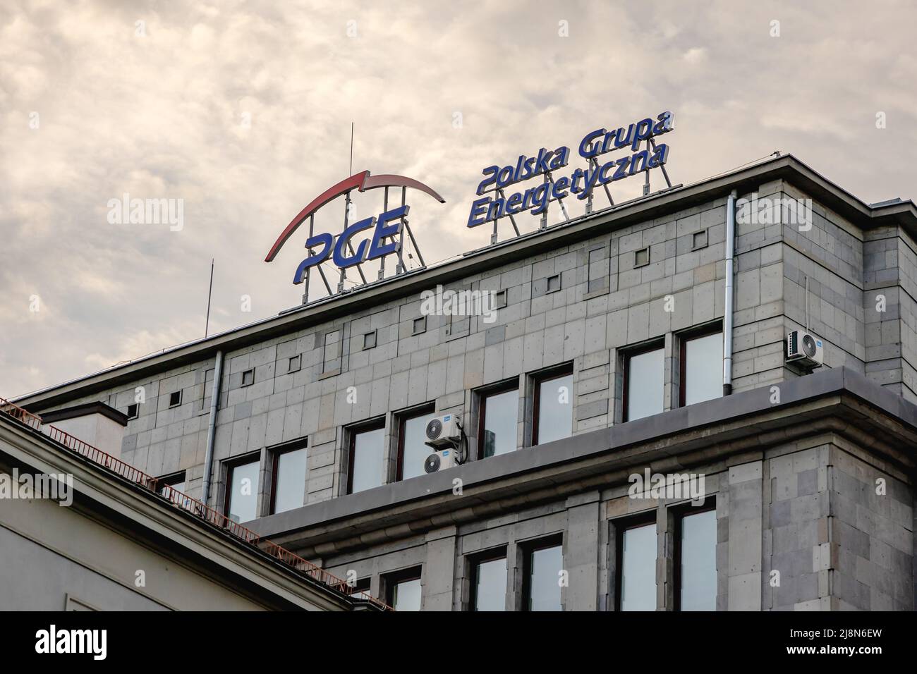 PGE Polska Grupa Energetyczna company sign on a headquarters in Warsaw ...
