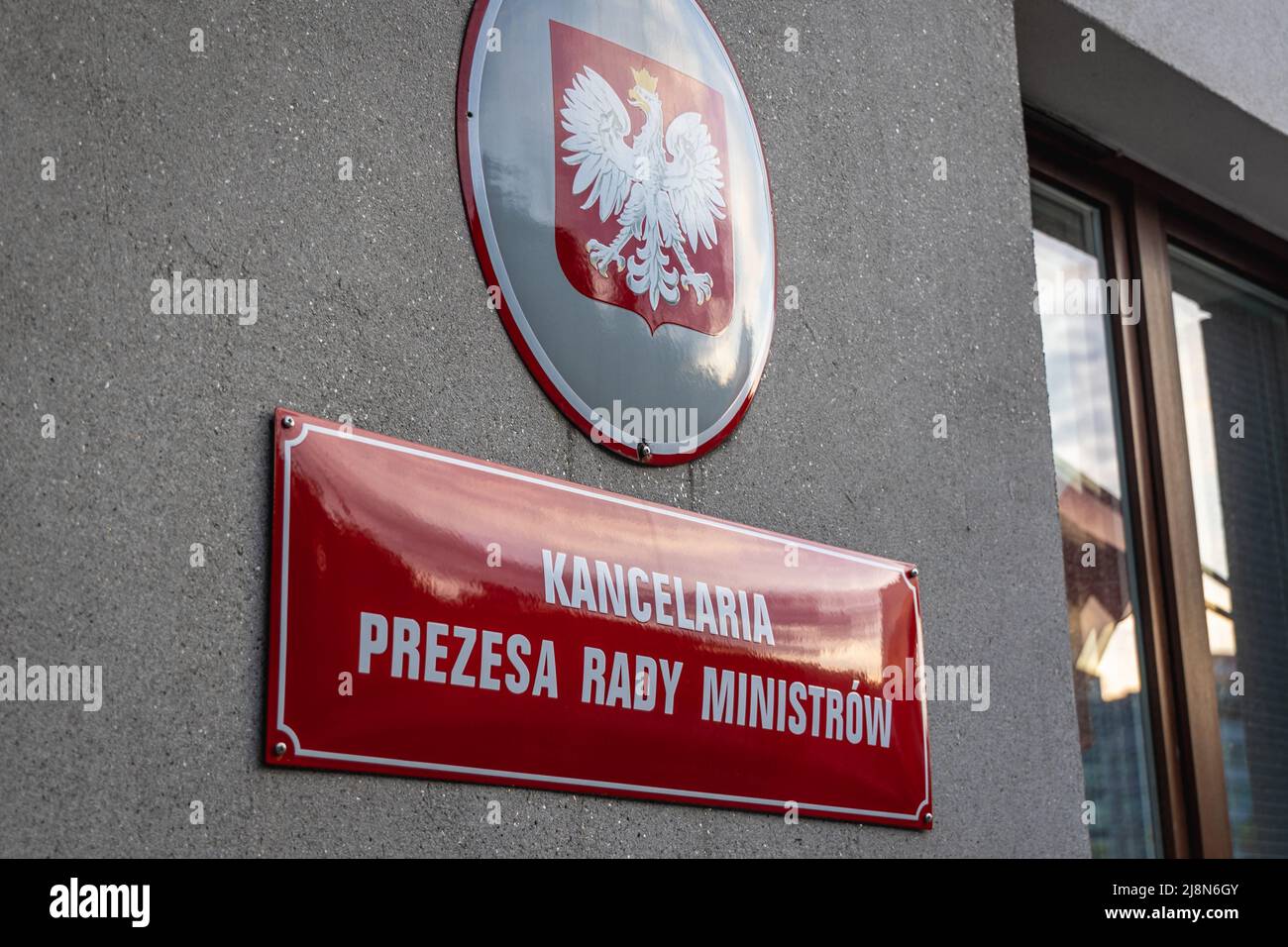 Sign on one of the buildings of Chancellery of the Prime Minister of Poland in Warsaw, capital of Poland Stock Photo