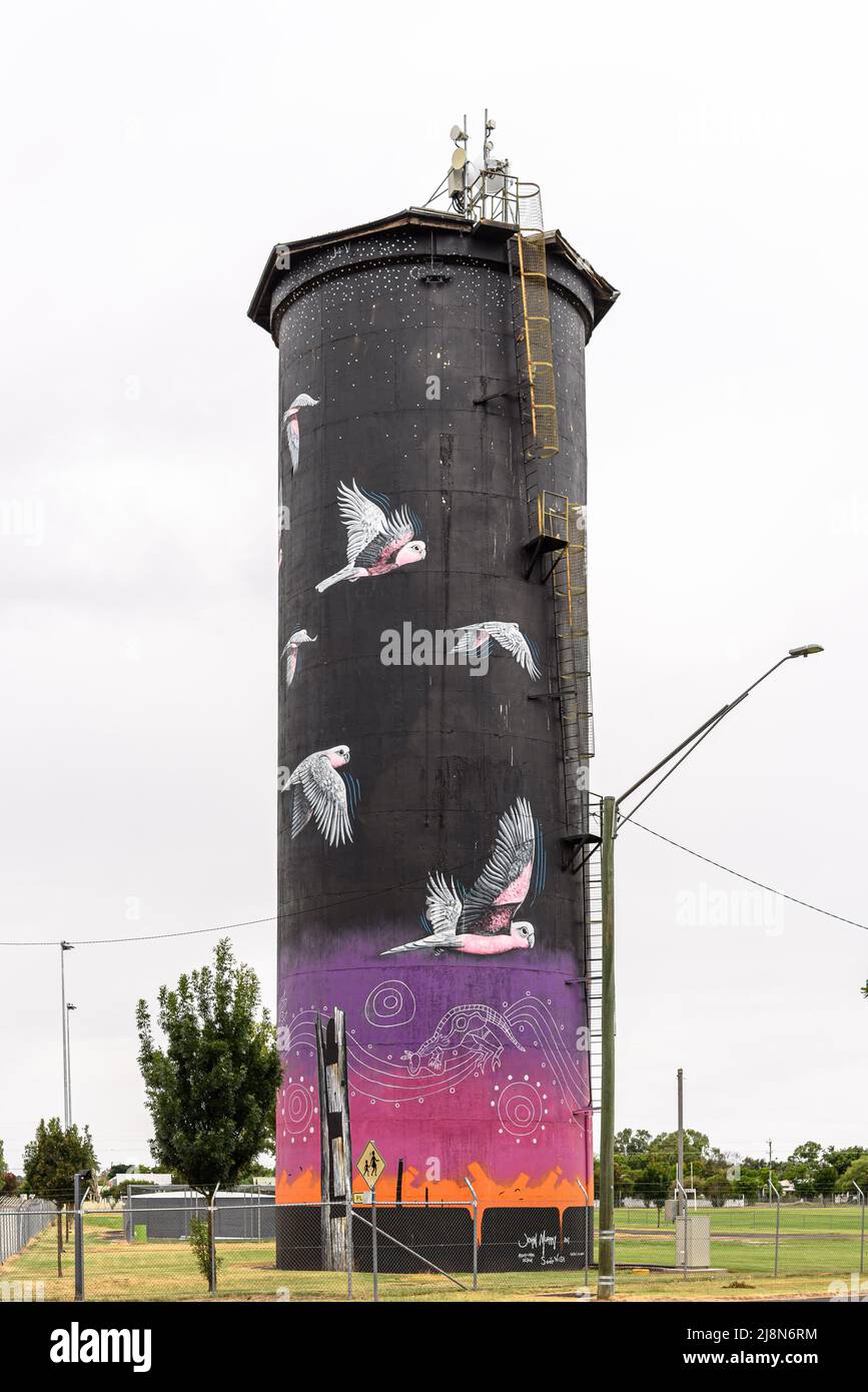 The painted water tower in Coonamble featuring art by John Murray Stock