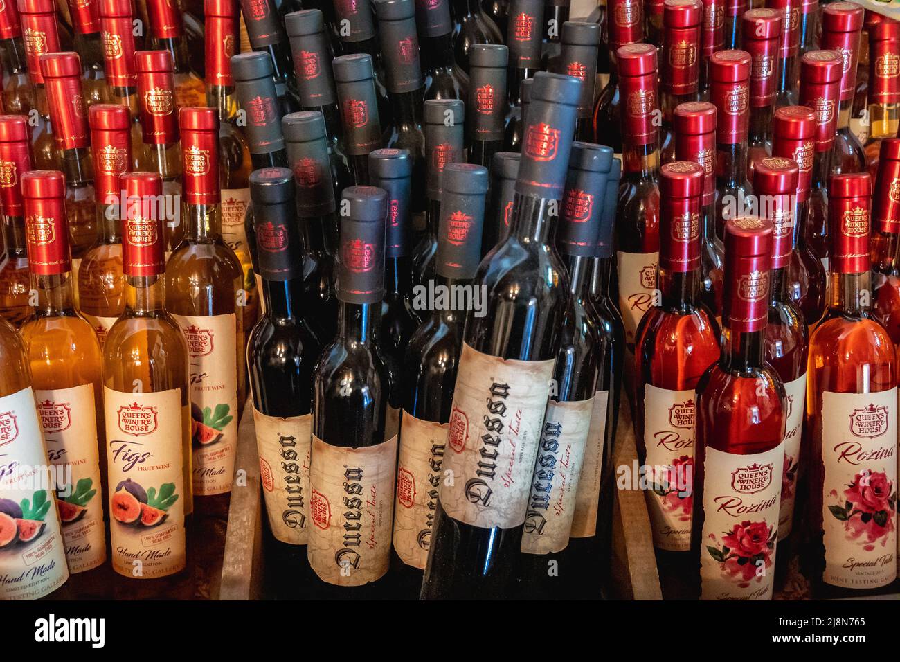 Fig, Rose and red wines in Queens Winery House in Palace architectural park and Botanical garden