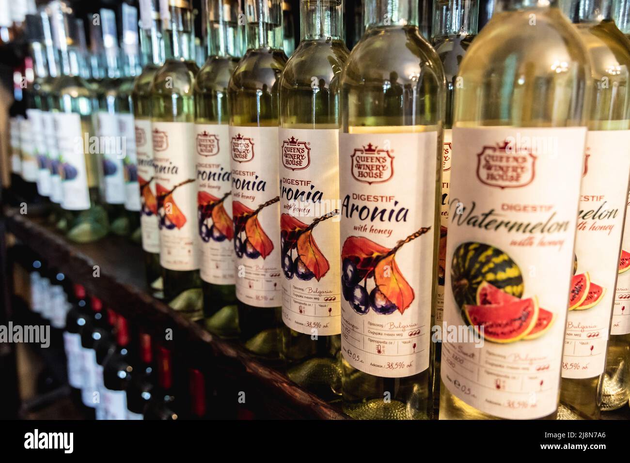 Aronia wines in Queens Winery House in Palace architectural park and Botanical garden complex in