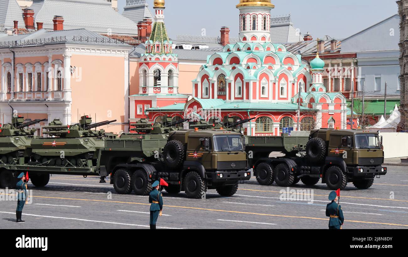 Moscow, Russia, May 2022: Military robotic complexes Uran-9 on tractor trucks Ural- 63704 are passing by Red Square on rehearsal of the military parad Stock Photo