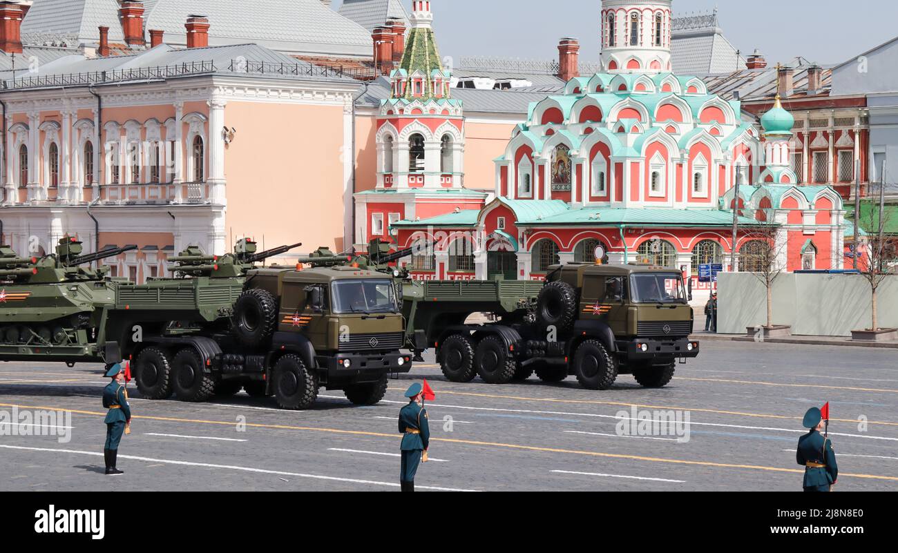Moscow, Russia, May 2022: Military robotic complexes Uran-9 on tractor trucks Ural- 63704 are passing by Red Square on rehearsal of the military parad Stock Photo