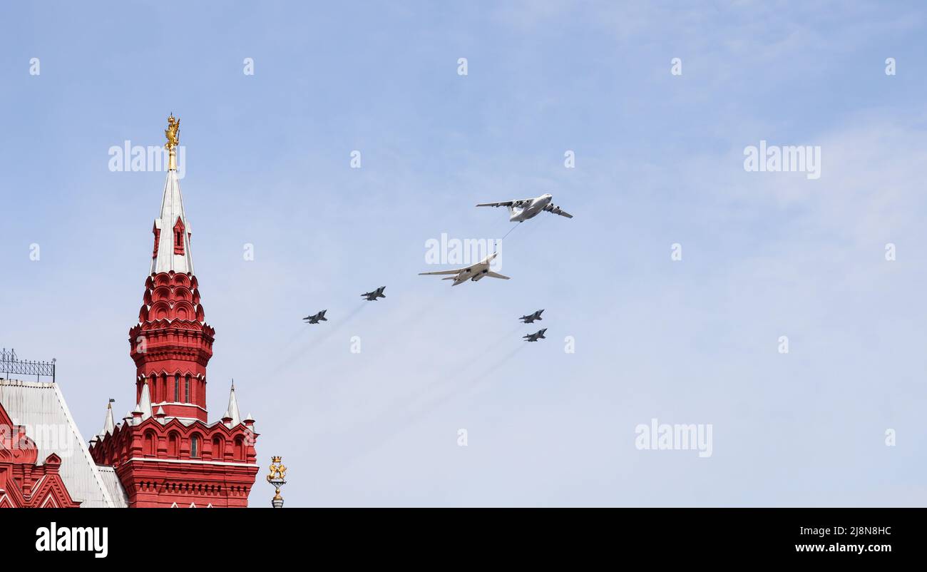 Moscow, Russia, May 2022: Simulation of refueling in the air. IL-78 tanker aircraft and Tu-160 strategic bomber. Four Mig-31BM fighters accompany. Air Stock Photo