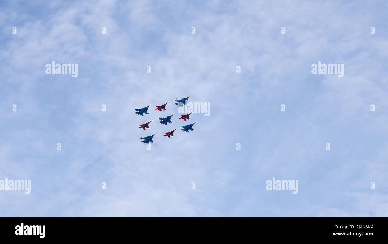 Moscow, Russia, May 2022: The aerobatic team Russian Knights and Swifts ...