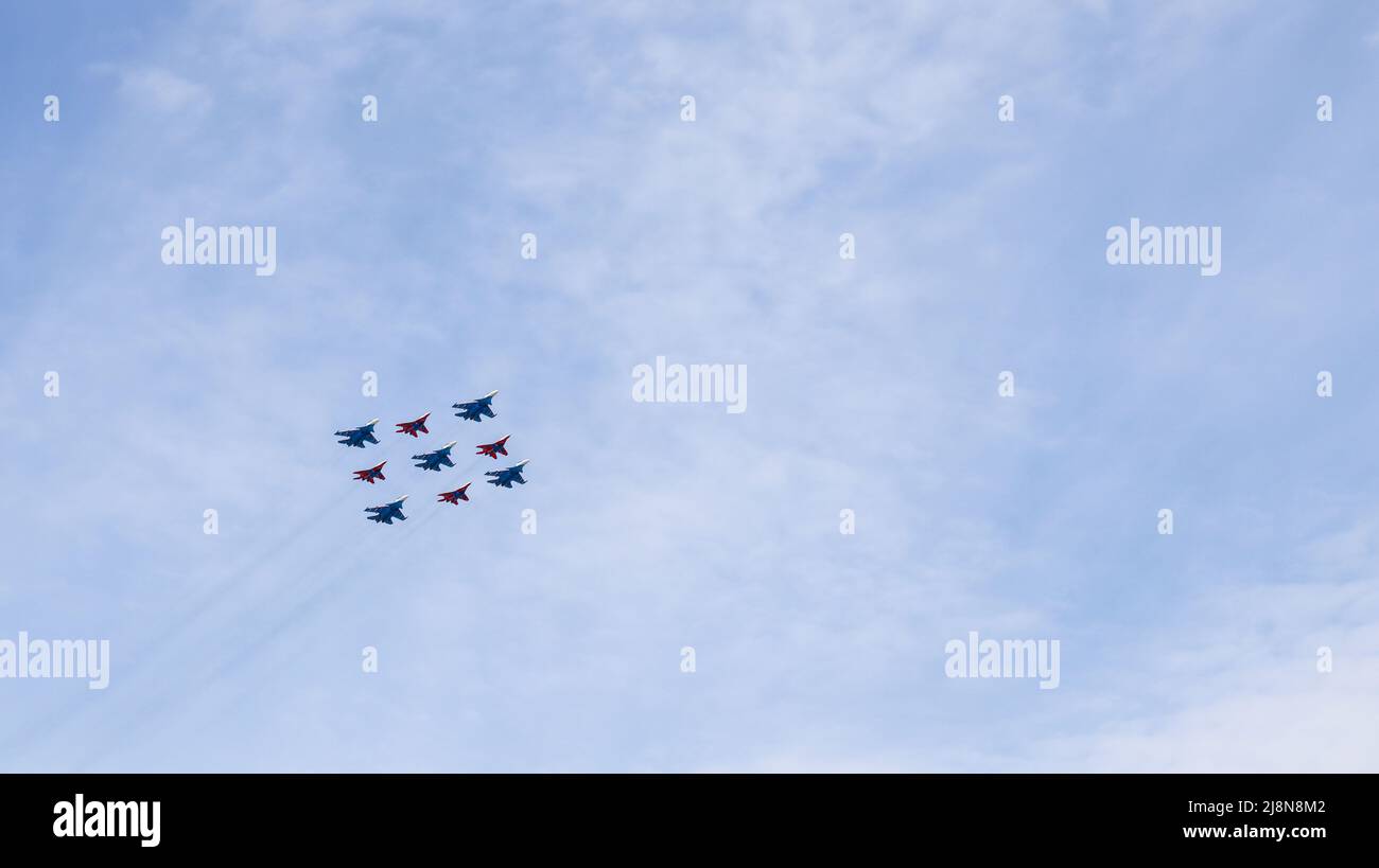 Moscow, Russia, May 2022: The aerobatic team Russian Knights and Swifts ...
