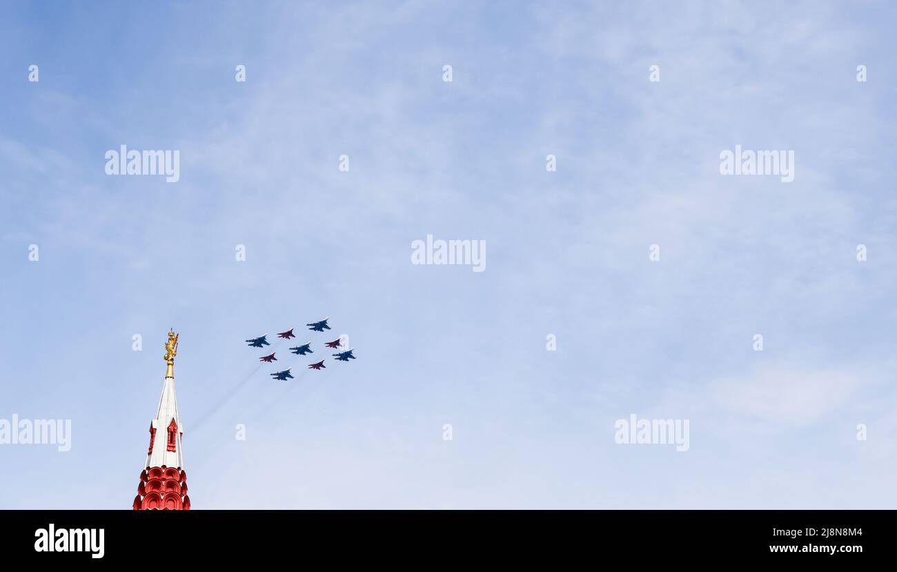 Moscow, Russia, May 2022: The aerobatic team Russian Knights and Swifts ...